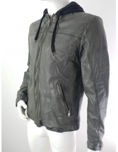 Veste en cuir à capuche Gris 2
