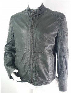 Veste en Cuir Kaki Col...