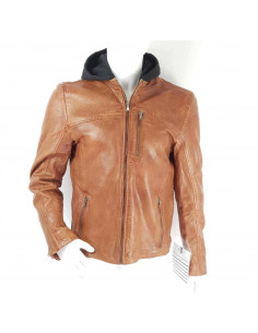 Veste en Cuir Cognac à...